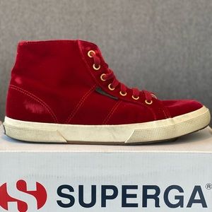 Superga x Man Repeller red velvet hightops